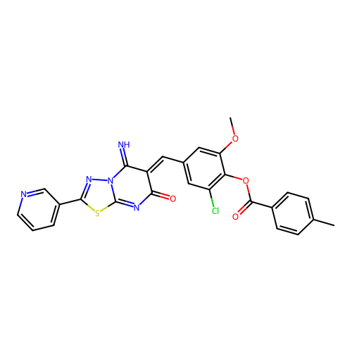 (Z)-2-chloro-4-((5-imino-7-oxo-2-(pyridin-3-yl)-5H-[1,3,4]thiadiazolo[3,2-a]pyrimidin-6(7H)-ylidene)methyl)-6-methoxyphenyl 4-methylbenzoate structure
