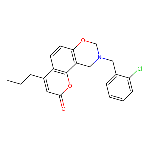 9-(2-chlorobenzyl)-4-propyl-9,10-dihydro-2H,8H-chromeno[8,7-e][1,3]oxazin-2-one structure