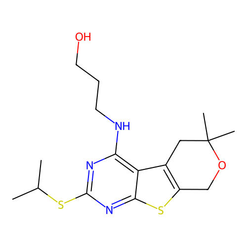 3-((2-(isopropylthio)-6,6-dimethyl-6,8-dihydro-5H-pyrano[4',3':4,5]thieno[2,3-d]pyrimidin-4-yl)amino)propan-1-ol structure