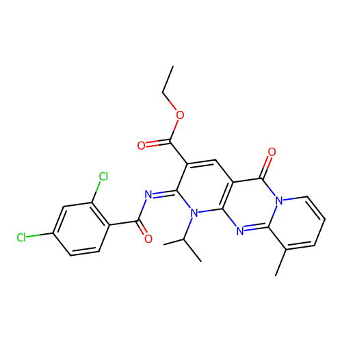 (Z)-ethyl 2-((2,4-dichlorobenzoyl)imino)-1-isopropyl-10-methyl-5-oxo-2,5-dihydro-1H-dipyrido[1,2-a:2',3'-d]pyrimidine-3-carboxylate structure