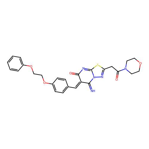 (6Z)-5-imino-2-(2-morpholin-4-yl-2-oxoethyl)-6-[[4-(2-phenoxyethoxy)phenyl]methylidene]-[1,3,4]thiadiazolo[3,2-a]pyrimidin-7-one structure