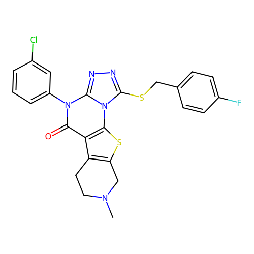 4-(3-chlorophenyl)-1-((4-fluorobenzyl)thio)-8-methyl-6,7,8,9-tetrahydropyrido[4',3':4,5]thieno[3,2-e][1,2,4]triazolo[4,3-a]pyrimidin-5(4H)-one structure