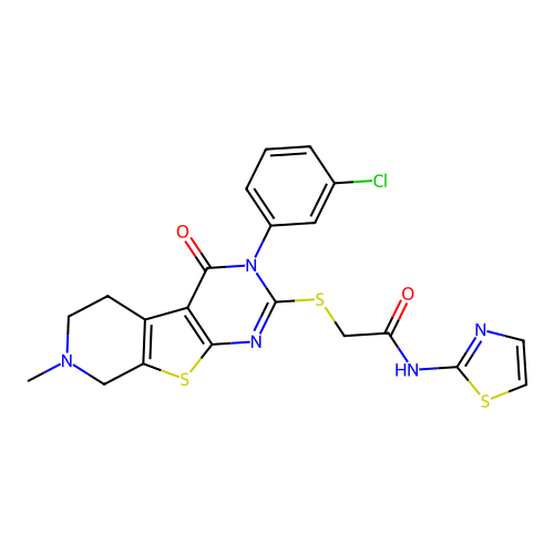 2-((3-(3-chlorophenyl)-7-methyl-4-oxo-3,4,5,6,7,8-hexahydropyrido[4',3':4,5]thieno[2,3-d]pyrimidin-2-yl)thio)-N-(thiazol-2-yl)acetamide structure