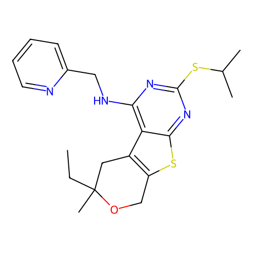 6-ethyl-2-(isopropylthio)-6-methyl-N-(pyridin-2-ylmethyl)-6,8-dihydro-5H-pyrano[4',3':4,5]thieno[2,3-d]pyrimidin-4-amine structure