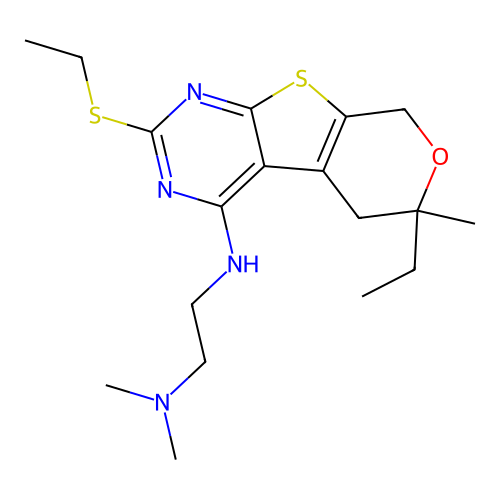 N'-(6-Ethyl-2-ethylsulfanyl-6-methyl-5,8-dihydro-6H-pyrano[4',3':4,5]thieno[2,3-d]pyrimidin-4-yl)-N,N-dim ethyl-ethane-1,2-diamine structure