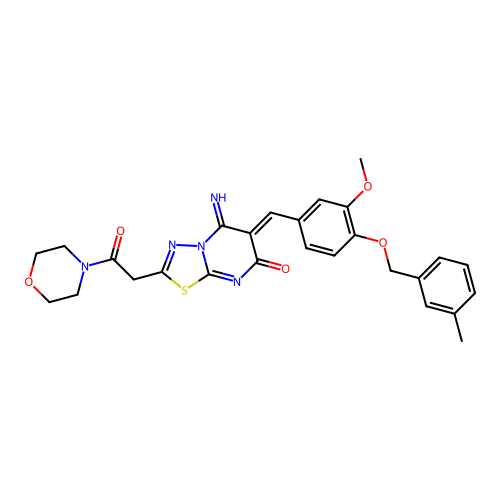(6Z)-5-imino-6-[[3-methoxy-4-[(3-methylphenyl)methoxy]phenyl]methylidene]-2-(2-morpholin-4-yl-2-oxoethyl)-[1,3,4]thiadiazolo[3,2-a]pyrimidin-7-one structure