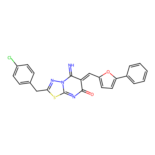 (6Z)-2-(4-chlorobenzyl)-5-imino-6-[(5-phenylfuran-2-yl)methylidene]-5,6-dihydro-7H-[1,3,4]thiadiazolo[3,2-a]pyrimidin-7-one structure