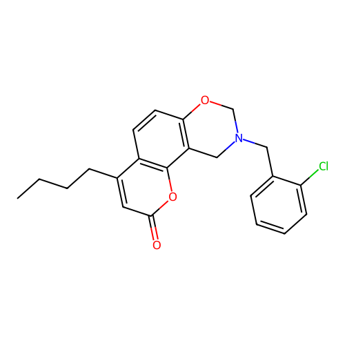 4-butyl-9-(2-chlorobenzyl)-9,10-dihydro-2H,8H-chromeno[8,7-e][1,3]oxazin-2-one structure