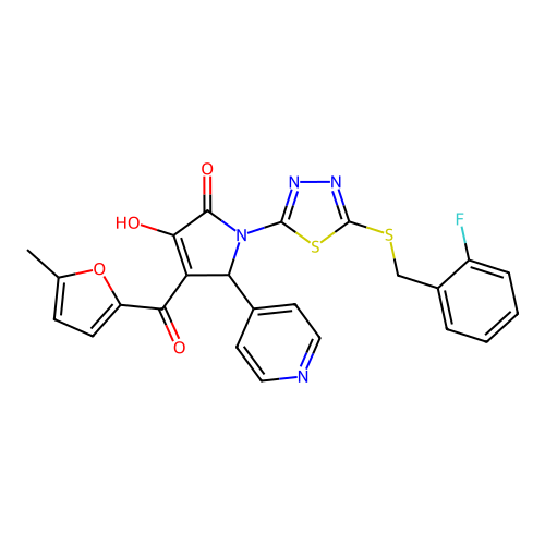 (4E)-1-{5-[(2-fluorobenzyl)sulfanyl]-1,3,4-thiadiazol-2-yl}-4-[hydroxy(5-methylfuran-2-yl)methylidene]-5-(pyridin-4-yl)pyrrolidine-2,3-dione structure