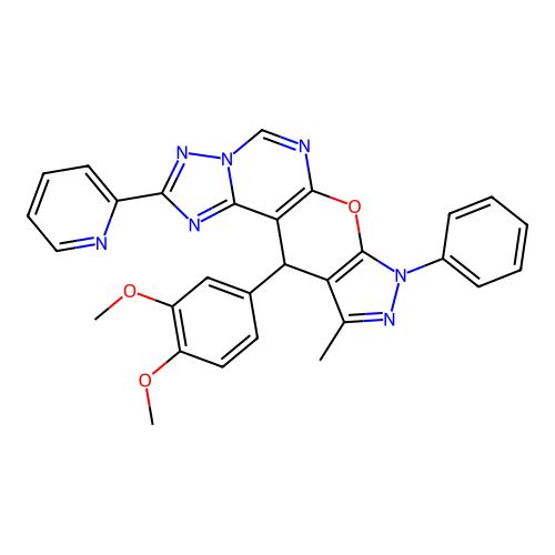 11-(3,4-dimethoxyphenyl)-10-methyl-8-phenyl-2-(pyridin-2-yl)-8,11-dihydropyrazolo[4',3':5,6]pyrano[3,2-e][1,2,4]triazolo[1,5-c]pyrimidine structure