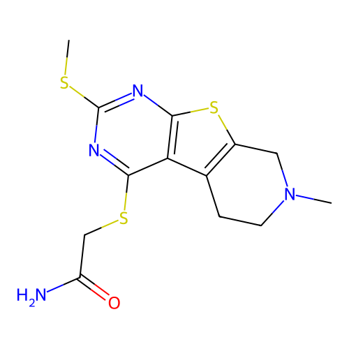 2-((7-methyl-2-(methylthio)-5,6,7,8-tetrahydropyrido[4',3':4,5]thieno[2,3-d]pyrimidin-4-yl)thio)acetamide structure