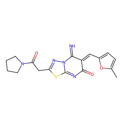 (6Z)-5-imino-6-[(5-methylfuran-2-yl)methylidene]-2-(2-oxo-2-pyrrolidin-1-ylethyl)-[1,3,4]thiadiazolo[3,2-a]pyrimidin-7-one structure