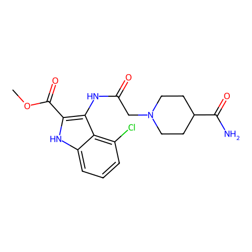 methyl 3-(2-(4-carbamoylpiperidin-1-yl)acetamido)-4-chloro-1H-indole-2-carboxylate structure