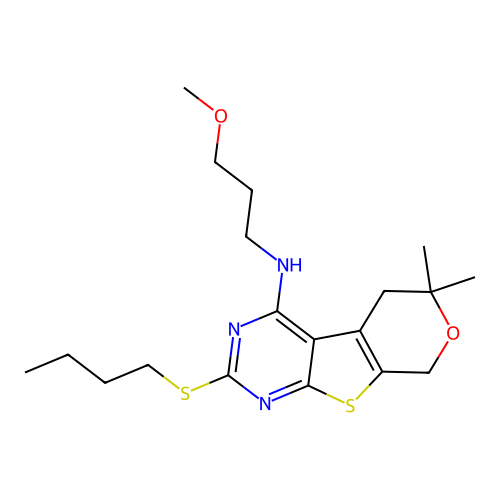 2-(butylsulfanyl)-N-(3-methoxypropyl)-6,6-dimethyl-5,8-dihydro-6H-pyrano[4',3':4,5]thieno[2,3-d]pyrimidin-4-amine structure