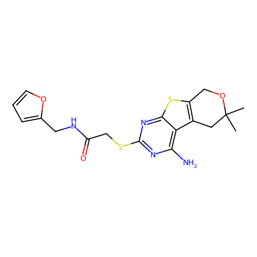 2-((4-amino-6,6-dimethyl-6,8-dihydro-5H-pyrano[4',3':4,5]thieno[2,3-d]pyrimidin-2-yl)thio)-N-(furan-2-ylmethyl)acetamide structure