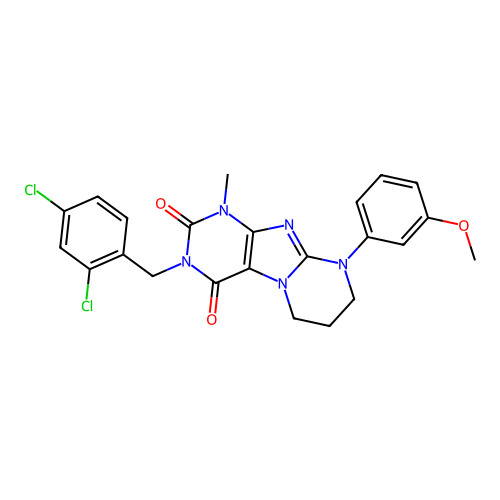 3-(2,4-dichlorobenzyl)-9-(3-methoxyphenyl)-1-methyl-6,7,8,9-tetrahydropyrimido[2,1-f]purine-2,4(1H,3H)-dione structure