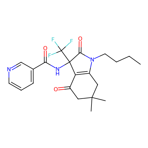 N-[1-butyl-6,6-dimethyl-2,4-dioxo-3-(trifluoromethyl)-2,3,4,5,6,7-hexahydro-1H-indol-3-yl]pyridine-3-carboxamide structure