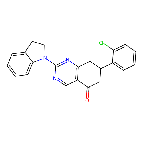 7-(2-chlorophenyl)-2-(2,3-dihydro-1H-indol-1-yl)-7,8-dihydroquinazolin-5(6H)-one structure