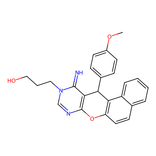 3-[11-imino-12-(4-methoxyphenyl)-11H-benzo[5,6]chromeno[2,3-d]pyrimidin-10(12H)-yl]propan-1-ol structure