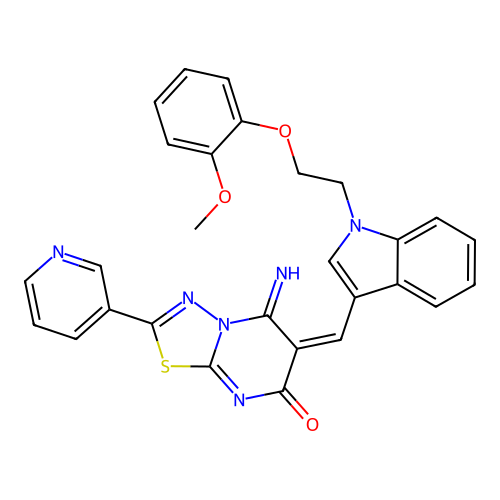 (E)-5-imino-6-((1-(2-(2-methoxyphenoxy)ethyl)-1H-indol-3-yl)methylene)-2-(pyridin-3-yl)-5H-[1,3,4]thiadiazolo[3,2-a]pyrimidin-7(6H)-one structure