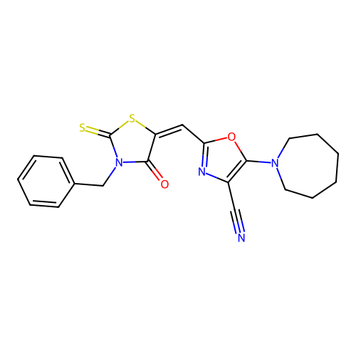 (E)-5-(azepan-1-yl)-2-((3-benzyl-4-oxo-2-thioxothiazolidin-5-ylidene)methyl)oxazole-4-carbonitrile structure