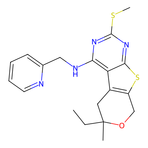 6-ethyl-6-methyl-2-(methylsulfanyl)-N-(pyridin-2-ylmethyl)-5,8-dihydro-6H-pyrano[4',3':4,5]thieno[2,3-d]pyrimidin-4-amine structure