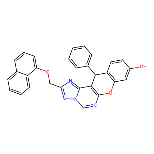 2-((naphthalen-1-yloxy)methyl)-12-phenyl-12H-chromeno[3,2-e][1,2,4]triazolo[1,5-c]pyrimidin-9-ol structure