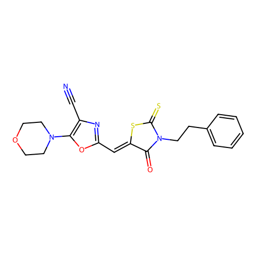 (Z)-5-morpholino-2-((4-oxo-3-phenethyl-2-thioxothiazolidin-5-ylidene)methyl)oxazole-4-carbonitrile structure