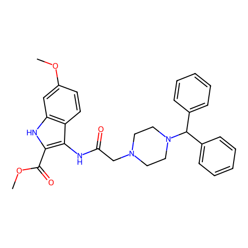 Methyl 3-[[2-(4-benzhydrylpiperazin-1-yl)acetyl]amino]-6-methoxy-1H-indole-2-carboxylate structure