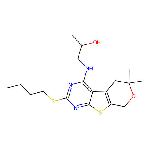 1-((2-(butylthio)-6,6-dimethyl-6,8-dihydro-5H-pyrano[4',3':4,5]thieno[2,3-d]pyrimidin-4-yl)amino)propan-2-ol structure