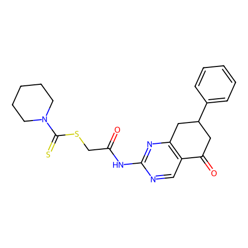 2-oxo-2-[(5-oxo-7-phenyl-5,6,7,8-tetrahydroquinazolin-2-yl)amino]ethyl piperidine-1-carbodithioate structure