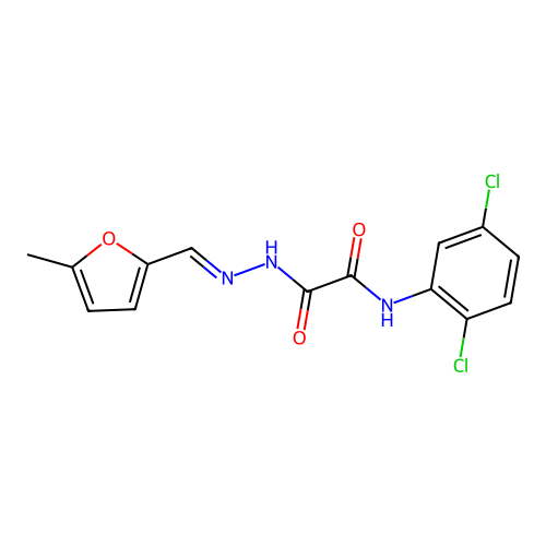 (E)-N-(2,5-dichlorophenyl)-2-(2-((5-methylfuran-2-yl)methylene)hydrazinyl)-2-oxoacetamide structure