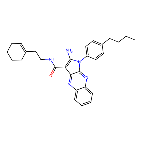 2-amino-1-(4-butylphenyl)-N-[2-(cyclohex-1-en-1-yl)ethyl]-1H-pyrrolo[2,3-b]quinoxaline-3-carboxamide structure