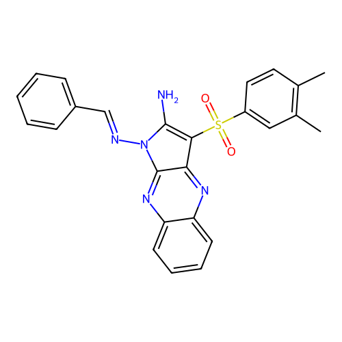 1-[(E)-benzylideneamino]-3-(3,4-dimethylphenyl)sulfonylpyrrolo[3,2-b]quinoxalin-2-amine structure