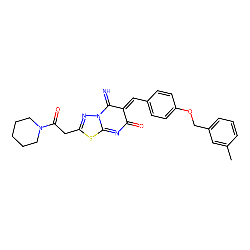 (6Z)-5-imino-6-[[4-[(3-methylphenyl)methoxy]phenyl]methylidene]-2-(2-oxo-2-piperidin-1-ylethyl)-[1,3,4]thiadiazolo[3,2-a]pyrimidin-7-one structure