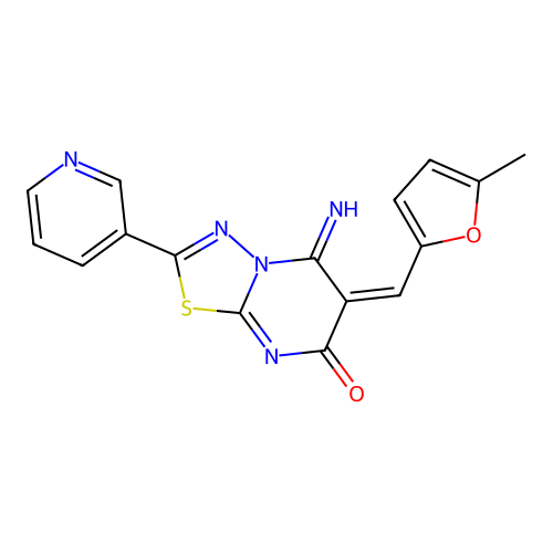(E)-5-imino-6-((5-methylfuran-2-yl)methylene)-2-(pyridin-3-yl)-5H-[1,3,4]thiadiazolo[3,2-a]pyrimidin-7(6H)-one structure