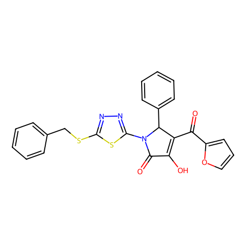 (4E)-1-[5-(benzylsulfanyl)-1,3,4-thiadiazol-2-yl]-4-[furan-2-yl(hydroxy)methylidene]-5-phenylpyrrolidine-2,3-dione structure