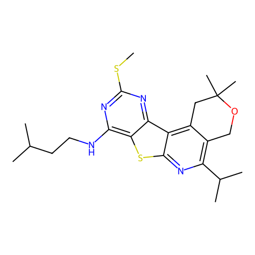 2,2-dimethyl-N-(3-methylbutyl)-10-(methylsulfanyl)-5-(propan-2-yl)-1,4-dihydro-2H-pyrano[4'',3'':4',5']pyrido[3',2':4,5]thieno[3,2-d]pyrimidin-8-amine structure