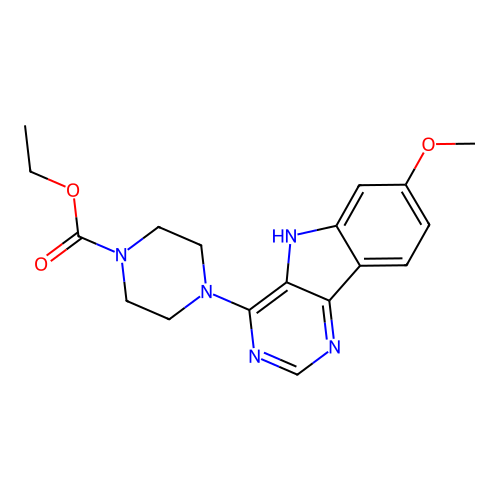 ethyl 4-(7-methoxy-5H-pyrimido[5,4-b]indol-4-yl)piperazine-1-carboxylate structure