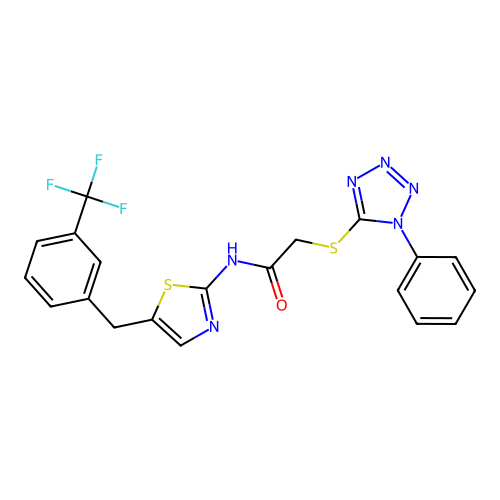 2-[(1-phenyl-1H-tetrazol-5-yl)sulfanyl]-N-{5-[3-(trifluoromethyl)benzyl]-1,3-thiazol-2-yl}acetamide structure