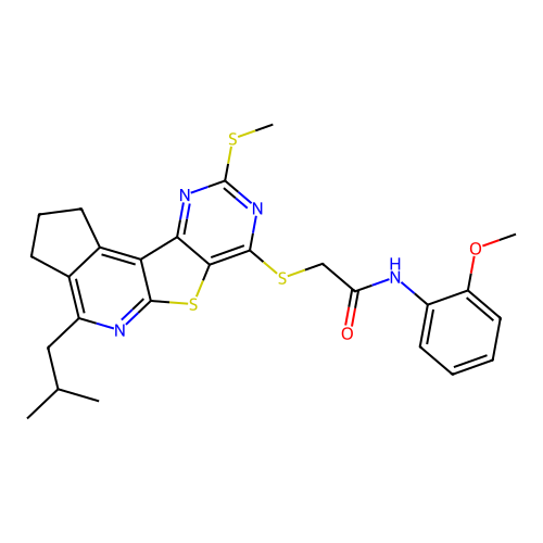 2-((4-isobutyl-9-(methylthio)-2,3-dihydro-1H-cyclopenta[4',5']pyrido[3',2':4,5]thieno[3,2-d]pyrimidin-7-yl)thio)-N-(2-methoxyphenyl)acetamide structure