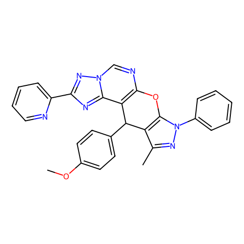 11-(4-methoxyphenyl)-10-methyl-8-phenyl-2-(pyridin-2-yl)-8,11-dihydropyrazolo[4',3':5,6]pyrano[3,2-e][1,2,4]triazolo[1,5-c]pyrimidine structure