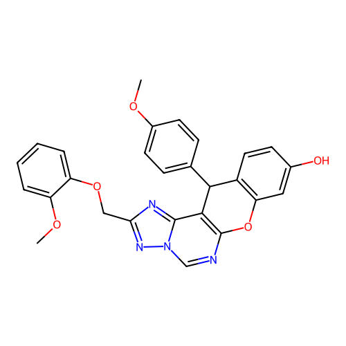 2-[(2-methoxyphenoxy)methyl]-12-(4-methoxyphenyl)-12H-chromeno[3,2-e][1,2,4]triazolo[1,5-c]pyrimidin-9-ol structure