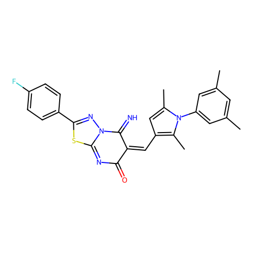 (E)-6-((1-(3,5-dimethylphenyl)-2,5-dimethyl-1H-pyrrol-3-yl)methylene)-2-(4-fluorophenyl)-5-imino-5H-[1,3,4]thiadiazolo[3,2-a]pyrimidin-7(6H)-one structure