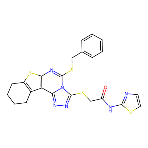 2-((5-(benzylthio)-8,9,10,11-tetrahydrobenzo[4,5]thieno[3,2-e][1,2,4]triazolo[4,3-c]pyrimidin-3-yl)thio)-N-(thiazol-2-yl)acetamide structure