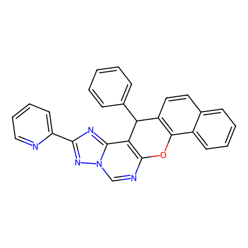 14-phenyl-2-(pyridin-2-yl)-14H-benzo[7,8]chromeno[3,2-e][1,2,4]triazolo[1,5-c]pyrimidine structure