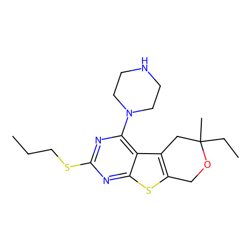 6-ethyl-6-methyl-4-(piperazin-1-yl)-2-(propylsulfanyl)-5,8-dihydro-6H-pyrano[4',3':4,5]thieno[2,3-d]pyrimidine structure