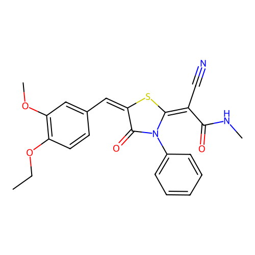 (2E)-2-cyano-2-[(5E)-5-[(4-ethoxy-3-methoxyphenyl)methylidene]-4-oxo-3-phenyl-1,3-thiazolidin-2-ylidene]-N-methylacetamide structure