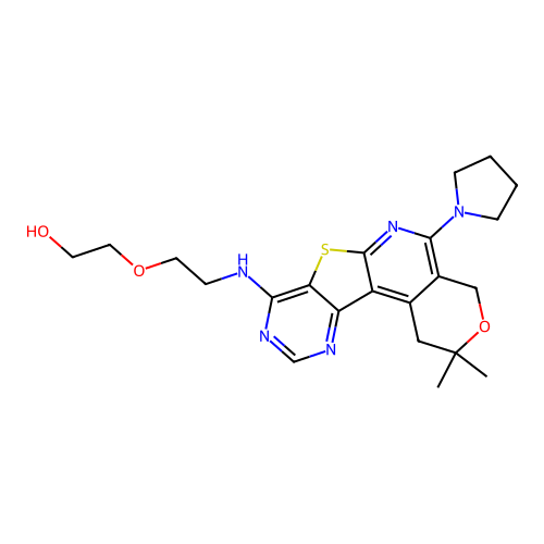 2-(2-((2,2-dimethyl-5-(pyrrolidin-1-yl)-2,4-dihydro-1H-pyrano[4'',3'':4',5']pyrido[3',2':4,5]thieno[3,2-d]pyrimidin-8-yl)amino)ethoxy)ethanol structure