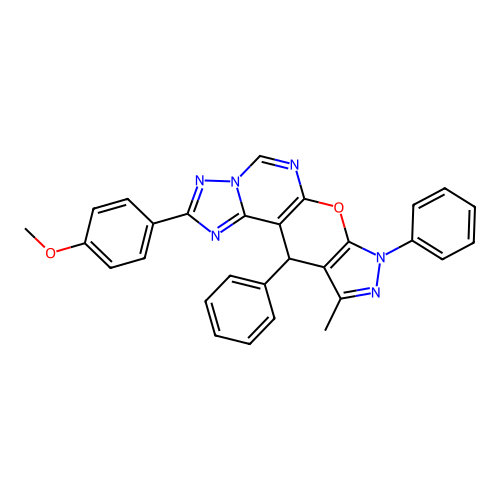 2-(4-methoxyphenyl)-10-methyl-8,11-diphenyl-8,11-dihydropyrazolo[4',3':5,6]pyrano[3,2-e][1,2,4]triazolo[1,5-c]pyrimidine structure